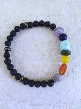 7 Chakra Natural Gemstone Bracelet with Black Lava Rock Diffuser Beads - 7-7.5"